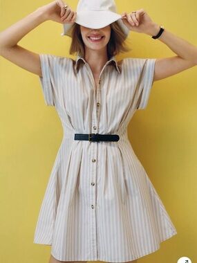 Maeve tan and White Striped Mini Shirt Dress with Belt